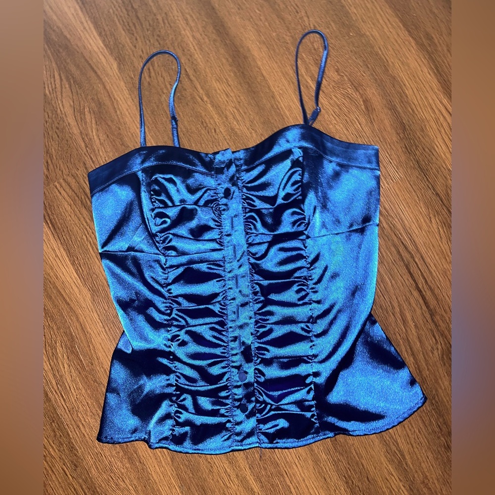 Miss Bison size small blue corset like top. Silk with front ruffles